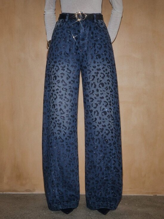 Nike Denim - Blue Casual Women's Flocked Rhinestone Denim Straight Leg Pants